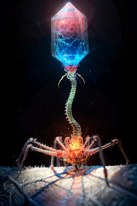 a spider with a glowing head and a long neck is sitting on a piece of plastic