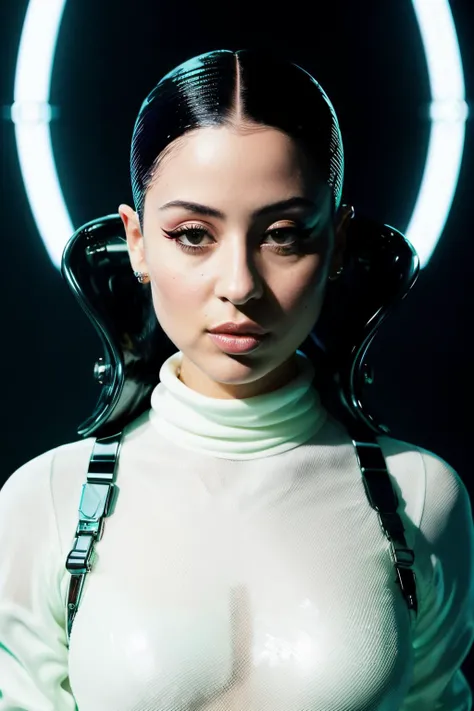 alexaDem1 in cyber neon lighting, futurism, intricate futuristic jewelry accessories, cyberpunk glossy white latex turtleneck, hyper photorealistic, crispy quality, digital photography, trending in artstation, trending in pinterest, cinematic, 4 k ultra hd...