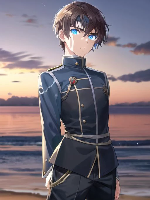 a man in uniform standing on a beach next to the ocean