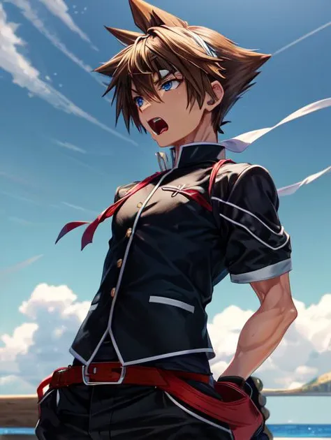 best quality, masterpiece, highres, detailed, perfect anatomy,  <lora:Detail - add_detail:0.2>,  OuendanCh, black uniform, headband, outdoors, fierce, pants, arms behind back, <lyco:Change - Ouendan:0.8>, Sora-KHII, brown hair, 1boy, spiked hair, blue eyes...