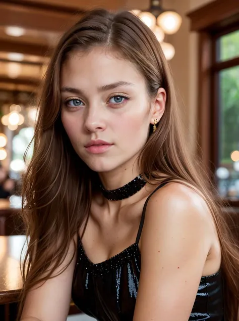 Analog photo,  tv_Emilie_Andersson_MXAI , shy expression, wearing a sequin dress, wearing a diamond choker, red lips, dramatic makeup, sitting in a restaurant, holding a glass of wine, medium closeup shot,, (((Ultra-HD-details, Ultra-HD-detailed, Ultra-HD-...