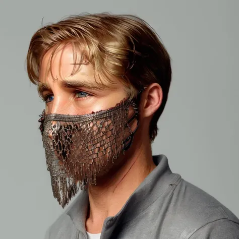 a close up of a man wearing a mask with chains on it