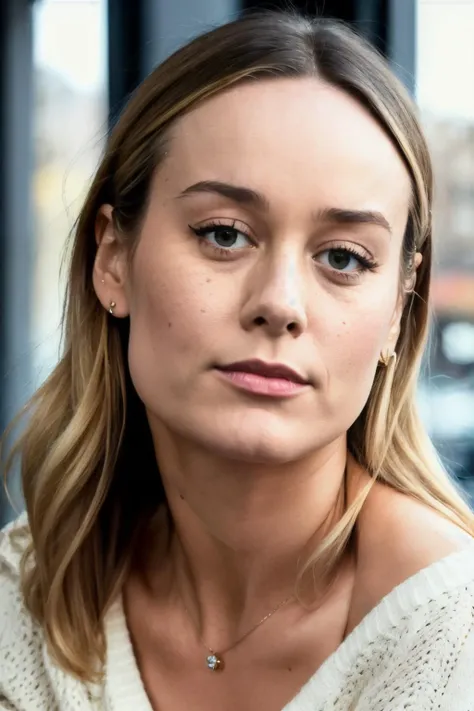 brieL2 piercing eyes, looking straight, very happy,long hair, wearing an off-shoulder sweater, choker, closeup portrait, in a outdoor cafe in 2015, afternoon light