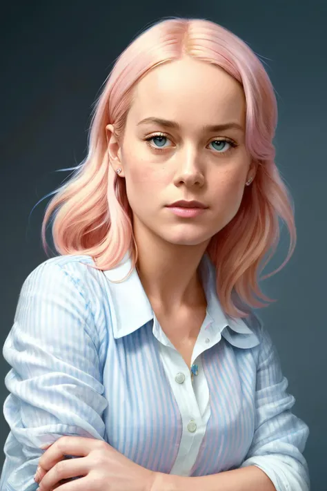 portrait photo of brieL2 ,(blue and white striped shirt), (pink hair), alluring portrait, intricate, highly detailed, digital painting, artstation, concept art, naughty, sharp focus, cinematic lighting, illustration, art by artgerm and greg rutkowski, alph...