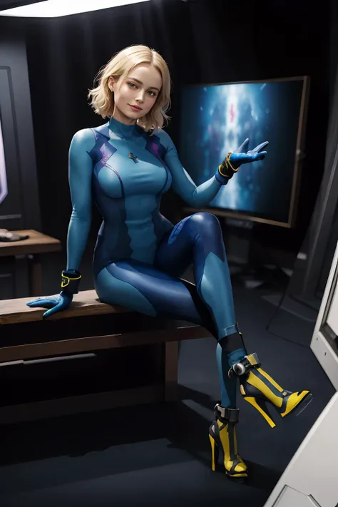 hdr, brieL2, blonde hair, looking at camera,smiling, happy, wearing a zerosuit, high heels, blue gloves, instagram pose, indoors, movie set, spaceship, studio lighting, bright colors, overwhelming ambiance, <lora:zerosuit-nvwls-v1:.8>