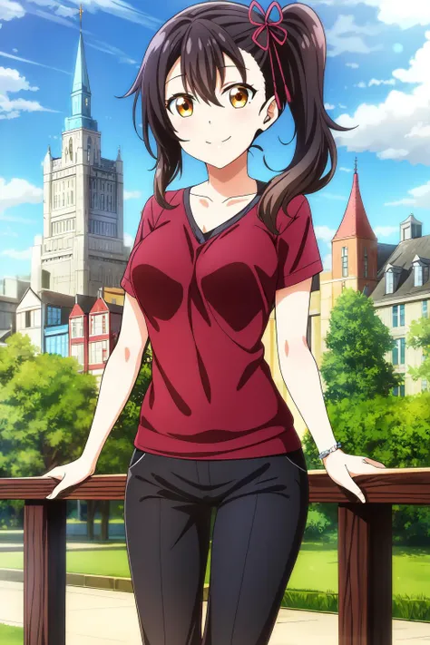 1girl, medium hair, looking at viewer, smile, bangs, black hair,  hair between eyes, medium breasts, brown eyes, side ponytail, hasuki_komai, t-shirt dress, long pants, day, blue sky, city background, town, buzy town, skyscraper