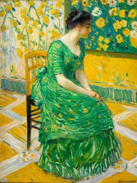 <lora:huixin10-000010:1.0>,
impressionism,hassam,oil painting,woman,green dress,floral pattern,yellow background,birds,flowers,v...