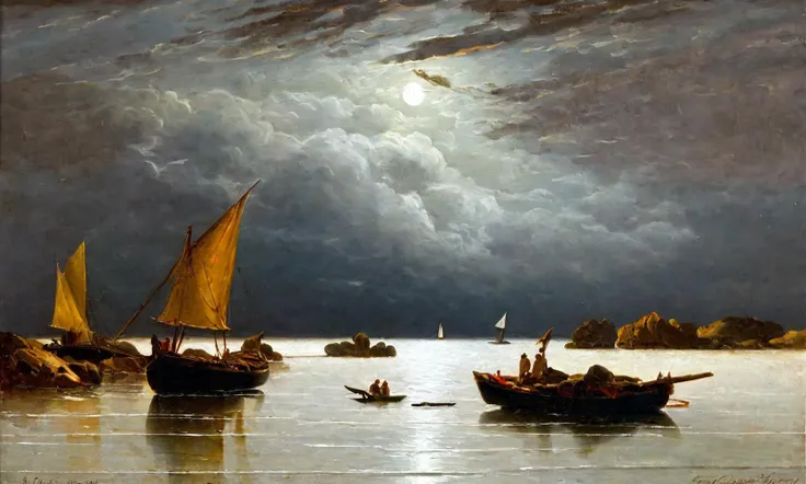 painting of a boat in a body of water with a sky background