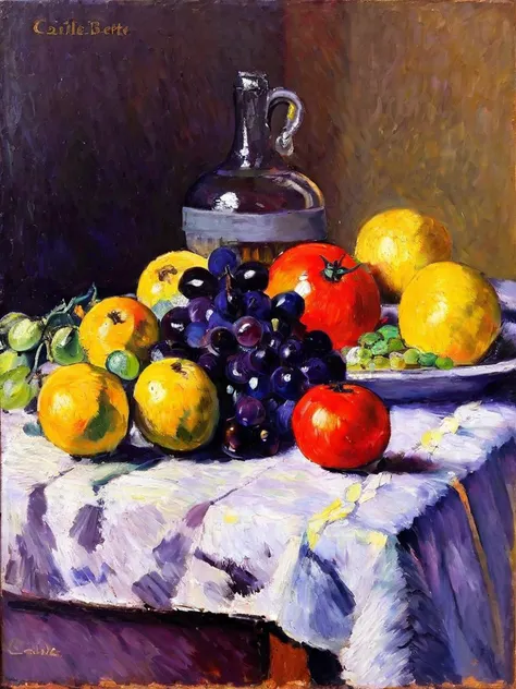 <lora:huixin10-000008:1.0>,
impressionism,caillebotte,still life,fruit,vegetables,grapes,apples,lemons,tomatoes,olives,oil paint...