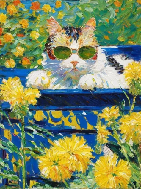 painting of a cat in a blue box with yellow flowers