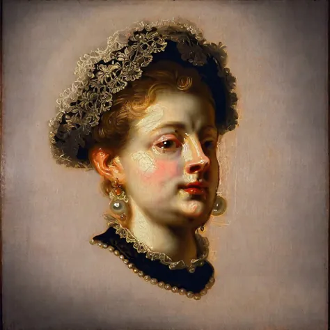 a painting of a woman with a hat and a necklace