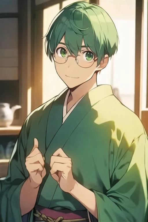 masterpiece, best quality, , 1boy, solo, male focus, looking at viewer, upper body, , <lora:yuusaku_kitamura:0.72>, yuusaku_kitamura, green hair, green eyes, short hair, glasses, , feudal japan, 32k resolution