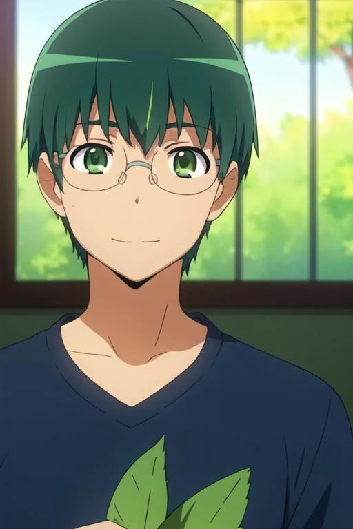 masterpiece, best quality, illustration, 1boy, solo, male focus, looking at viewer, upper body, depth of field, <lora:yuusaku_kitamura:0.68>, yuusaku_kitamura, green hair, green eyes, short hair, glasses