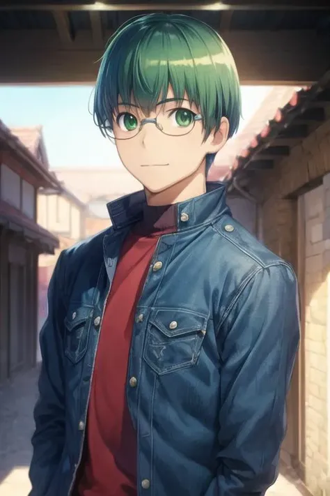 masterpiece, best quality, illustration, 1boy, solo, male focus, looking at viewer, upper body, , <lora:yuusaku_kitamura:0.76>, yuusaku_kitamura, green hair, green eyes, short hair, glasses, , grimdark, 2k resolution