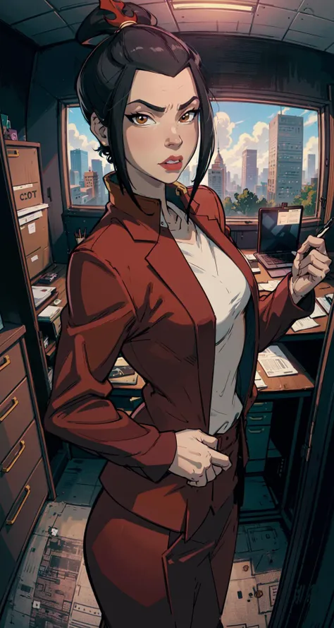 photorealistic, masterpiece, best quality, 1girl, upper body, medium breasts,
fisheye lenses,
azula, (tight office suit), white shirt, black hair, medium hair, sidelocks, looking at viewer, office room background, <lora:Azula:1>