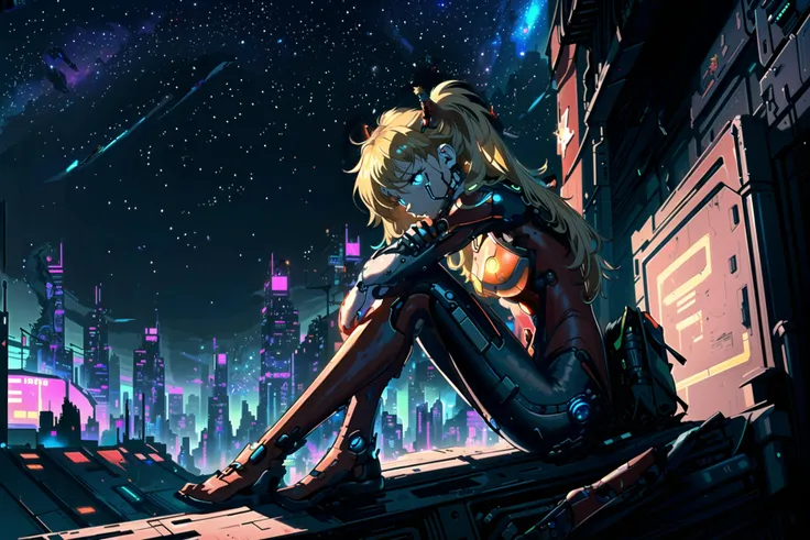 masterpiece,(night_sky:1.4),(1 cyborg souryuu asuka langley:1.3),(broken red bodysuit:1.3),red suit,blonde long hair,blue mechanical_eye,(front view:1.4),cityscape,sitting on rooftop,crossed leg,solo,sad,(cyborg),(cyberpunk:1.5),<lora:AsukaLangleySouryuuV2...