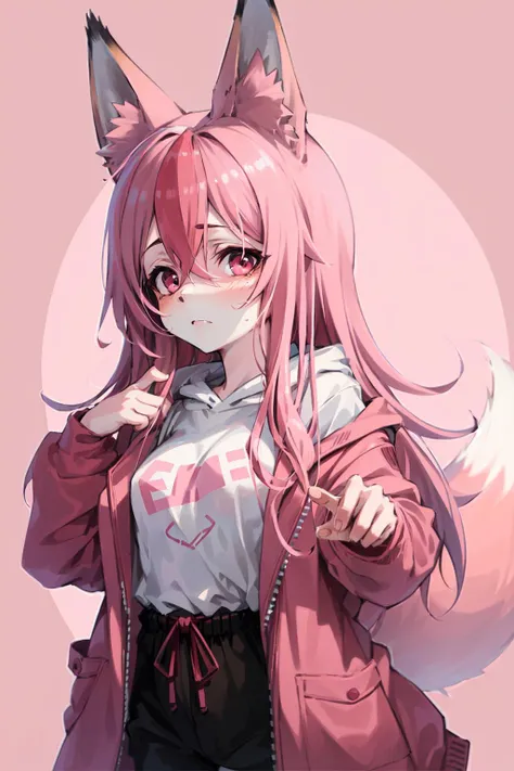 portrait photography, nazuna_hiwatashi, hoodie, medium breasts, pink hair, (streaked hair), cowboy shot, fox girl, pink fur, <lyco:NazunaHiwatashi-LoCon-DIM16-V1-000004:0.9>, simple background,