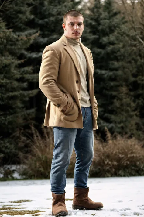 full body, dynamic pose, from the side <lora:Stanislav_Yanevski:0.8> photo of a man posing, blurred snowy outdoor background, light bokeh, relaxed confident expression, wearing a long dark brown wool overcoat, arms crossed, natural light, golden hour, wear...