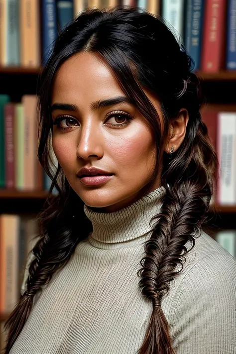 beautiful woman (Neh4Sh4rm4:.99), beautiful hair, (( Fishtail braid :1.2)), ((portrait)), (closeup:1.3), ((from the waist up)), ((( bookstore[::1] :1.2))), natural skin texture, ((Asymmetric Hem turtleneck Top :1.2)), 24mm, 4k textures, soft cinematic ligh...