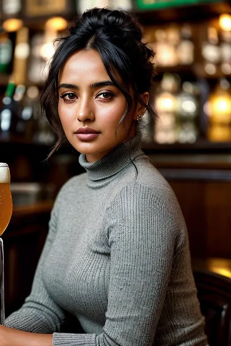 beautiful woman (Neh4Sh4rm4:.99), beautiful hair, (( High, sleek bun :1.2)), ((portrait)), (closeup:1.3), ((from the waist up)), (((sitting in an irish pub:1.2))), natural skin texture, ((turtleneck dress:1.2)), 24mm, 4k textures, soft cinematic light, ado...