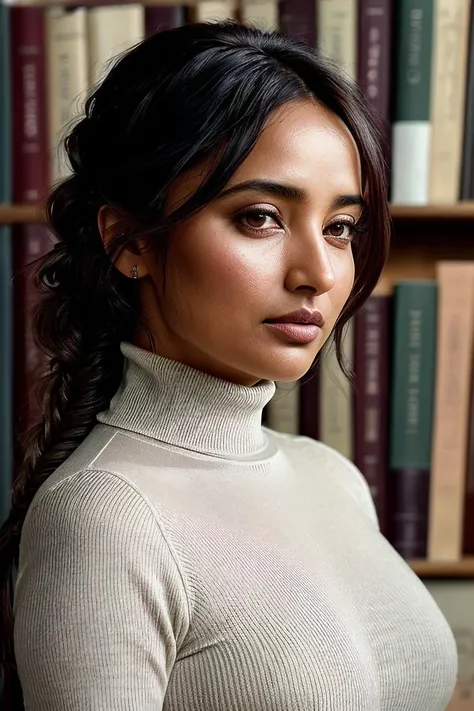 beautiful woman (Neh4Sh4rm4:.99), beautiful hair, (( Fishtail braid :1.2)), ((portrait)), (closeup:1.3), ((from the waist up)), ((( bookstore[::1] :1.2))), natural skin texture, ((Asymmetric Hem turtleneck Top :1.2)), 24mm, 4k textures, soft cinematic ligh...