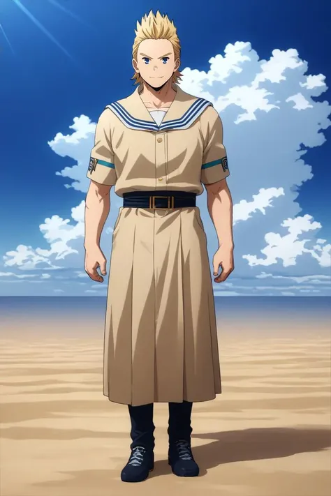 a man in a uniform standing on a beach with a sky background