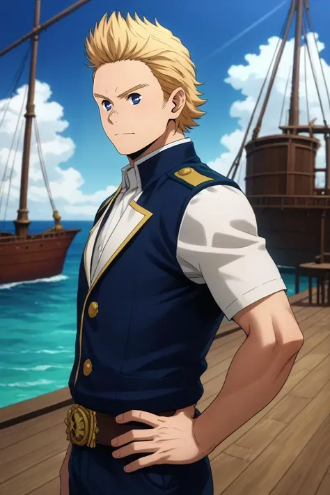 a man in a sailor suit standing on a dock next to a ship