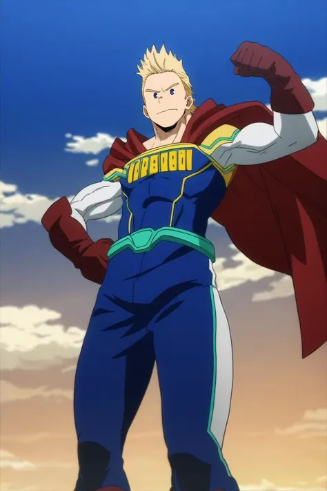 a man in a blue outfit and cape standing in front of a cloudy sky