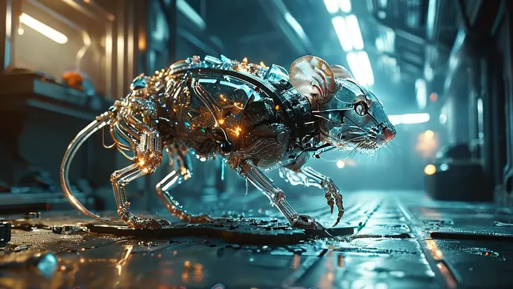 photograph animals wide shot, bio weapon, crystalz, sci-fi transparent skeletal specimen, mouse scifi, futuristic, bio weapon, 5...