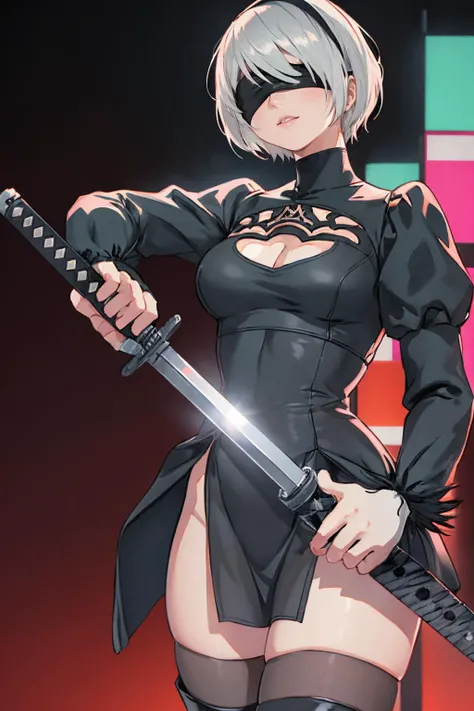 <lora:2b-lora-nochekaiser:1>,
2b,(black blindfold:1.5),black hairband,blindfold,hairband,short hair,white hair,
robot,cleavage cutout,clothing cutout,long sleeves,black skirt,side slit,black thighhighs,thigh boots,high heels,
katana,holding weapon,unsheath...