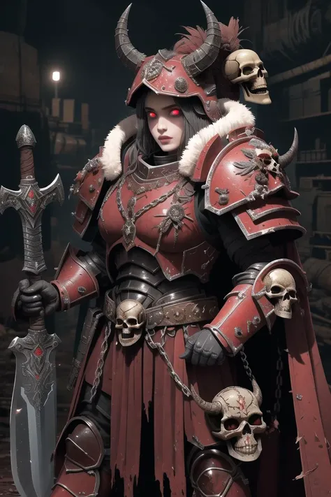 1boy, man, (masterpiece:1.2), (best quality:1.2), extremely detailed, highres, khorne, red armor, full armor, skull, <lora:khorne:1>, spiked armor, chain, helm, helmet, horned helmet, pauldrons, sword, torn cape, gauntlets, black fur, plate armor, glowing ...