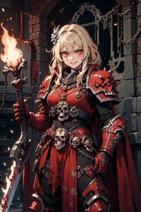 masterpiece, best quality, absurdres, 1girl, luminedef, khorne, armor, skull, chains, spikes, blood, evil, cape, warhammer, glowing eyes, crazy smile, holding weapon, holding sword, fire in the background, <lora:khorne:0.8>, <lora:lumine1:0.8>