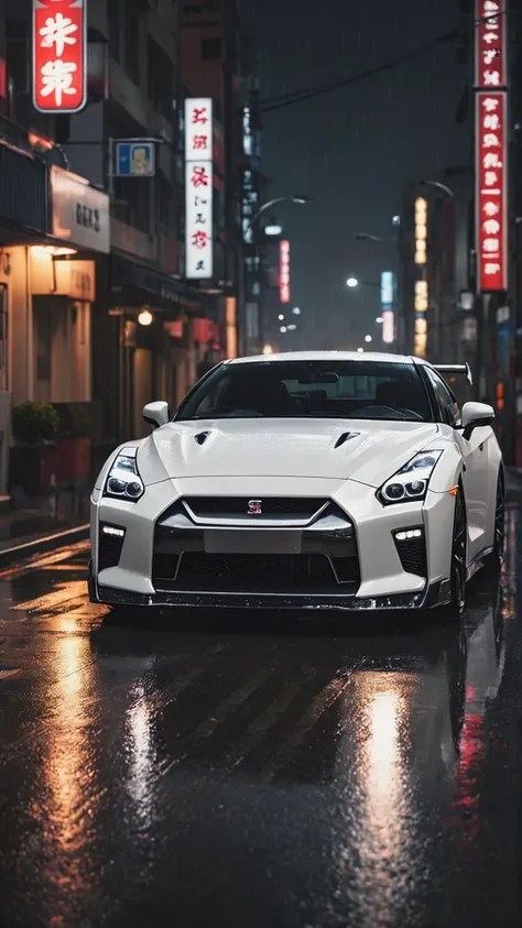 a white sports car driving down a wet street at night