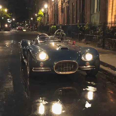 1960s Formula One car in Brooklyn Heights, night photo, beautiful reflections, moonlight rays