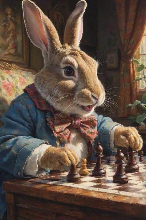 a painting of a joyful bunny in 80s clothes plays chess, Beatrix Potter, fairy tale illustration, thomas kindkade, a fine art painting, furry art, magical deep shadows, ultra-realism, 80s art