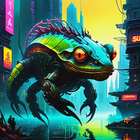 ultra-fine digital painting of a Amphibious creature emerging from subaquatic depths in a  Cyberpunk city with neon skyline <lora:xl_more_art-full_v1:0.3>,  <lora:EnvyBetterHiresFixXL01:0.4>, <lora:DonMCyb3rN3cr0XL:0.7> DonMCyb3rN3cr0XL,  super detail, ult...