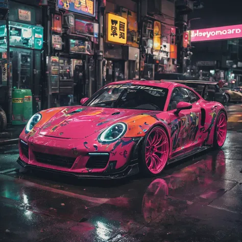 a pink porsche sports car parked on the side of a street