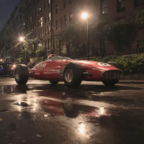 1960s Formula One car in Brooklyn Heights, night photo, beautiful reflections, moonlight rays