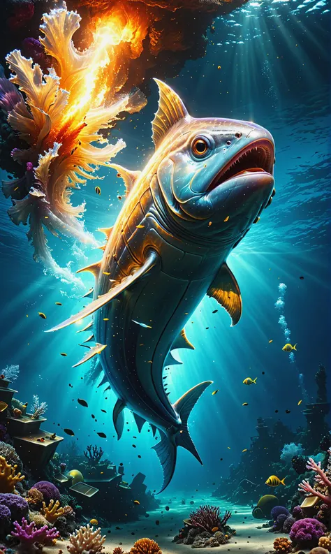 photorealistic, detailed digital illustration of a Swift, torpedo-shaped garfish in schools at a Underwater geysers erupting from seabed <lora:xl_more_art-full_v1:0.4>, <lora:cine:0.7> cin3, Golden hour, <lora:ral-czmcrnbw:0.7>