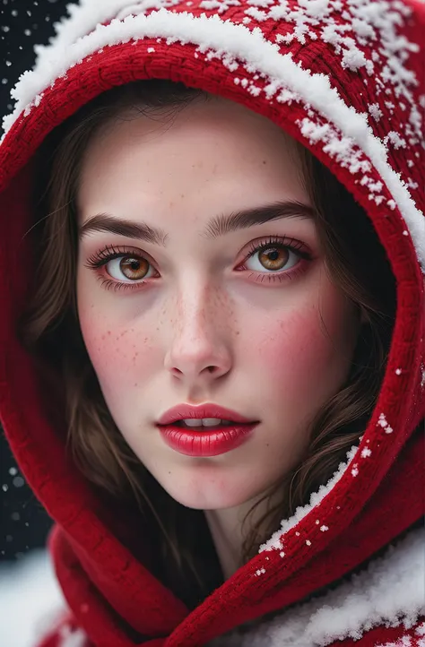 a close up of a woman wearing a red hoodie and a red scarf