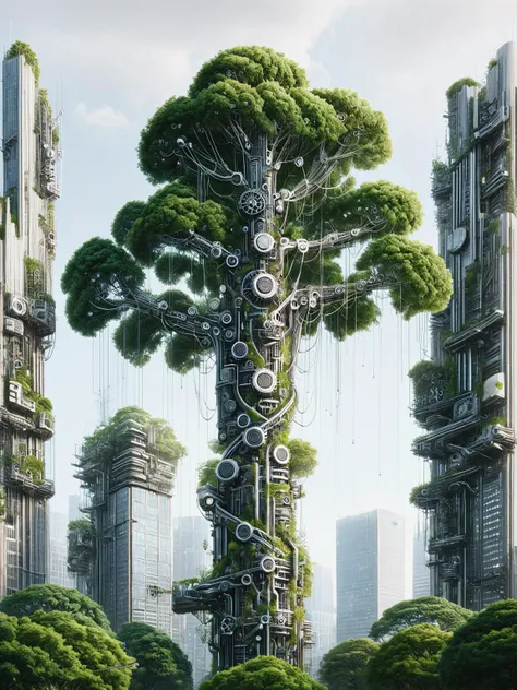 futuristic city with a tree growing out of the middle of it