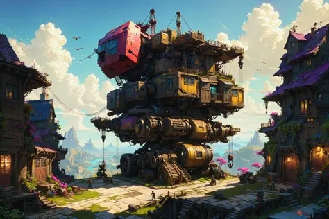 large machine with a house on top of it and a crane on the side of it, league of legends concept art, Craig Mullins, Anson Maddocks, concept design art, concept art, sots art, <lora:xl_more_art-full_v1:0.7>, cinematic backlighting, magical deep shadows, ul...