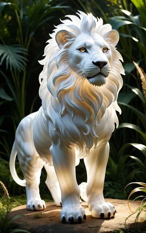 A majestic lion sculpture, crafted from soft white translucent glass, stands imposingly in a real savannah clearing. The lions regal glass form contrasts with the wild, natural textures of the savannah grass, with its paws set firmly on the ground, exuding...