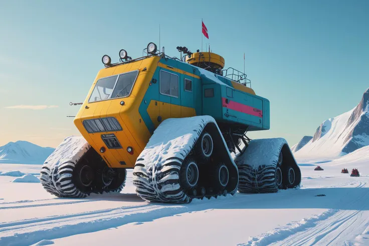 stalenhag, huge Arctic research scientific all-terrain vehicle, mountainous snow-covered hills, colorfully, photo, cinematic, <lora:Simon Stalenhag:0.7>, Simon Stålenhag Style