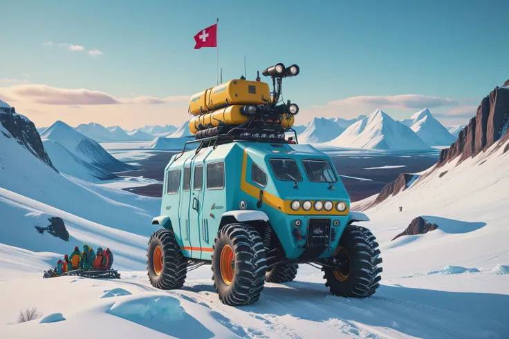 stalenhag, Arctic research scientific all-terrain vehicle, mountainous snow-covered hills, colorfully, photo, cinematic, <lora:Simon Stalenhag:0.7>, Simon Stålenhag Style