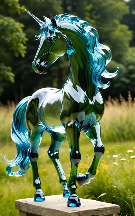 A regal horse sculpture, crafted from clear, transparent glass, stands in a naturalistic pose on a grassy meadow. The horses muscular form and flowing mane are rendered in exquisite detail, with the glass capturing the nuances of its movement and the gentl...