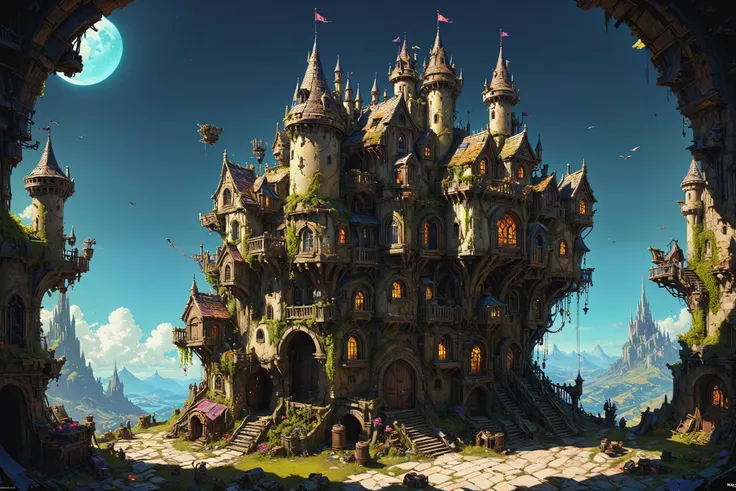 a miniature castle made of junk and junk with a roof and windows on top of it, with a lot of junk around the castle, league of legends concept art, Craig Mullins, Anson Maddocks, Chris LaBrooy, concept design art, concept art, sots art, <lora:xl_more_art-f...