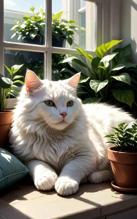 A soft, fluffy, white cat curled up and sleeping peacefully in a cozy window nook, bathed in gentle afternoon sunlight. The reflection of the cat, along with the light and shadows of the rooms plush cushions and potted plants, is mirrored perfectly in the ...