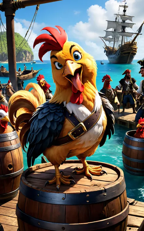 A photorealistic image capturing a chicken standing atop a barrel of rum at the Tortuga docks, crowing triumphantly as if its the captain of a pirate ship. The chicken, with its chest puffed out and an air of importance, is surrounded by amused pirates and...