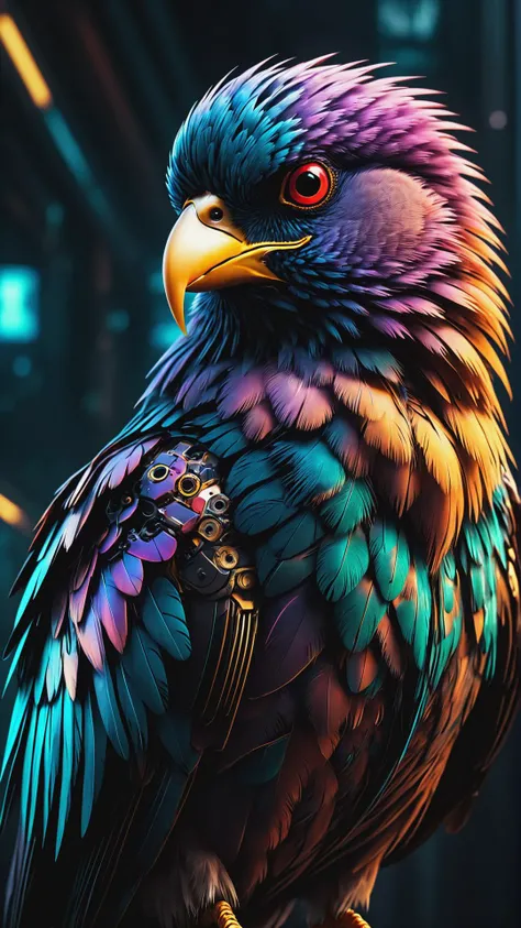 Full body shot, Cyberpunk Bird Portrait Intricate Details, Perfect Composition, High Contrast, Atmospheric, Moody, Raw photo, realistic, cinematic lighting, soft shadows, sharp focus, fractal, colorful, depth of field, best quality, 16k resolution,